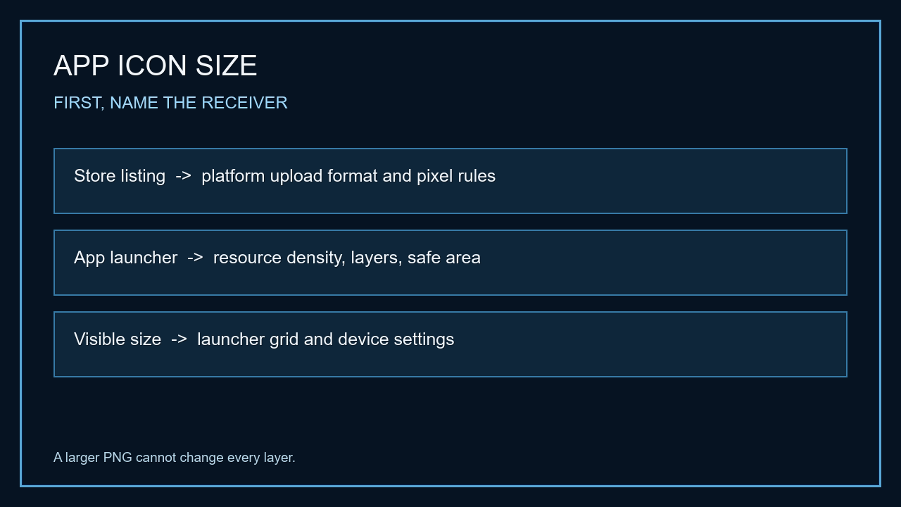 Three app icon size problems are routed to a store listing file, a launcher resource, or the visible launcher grid and device setting.