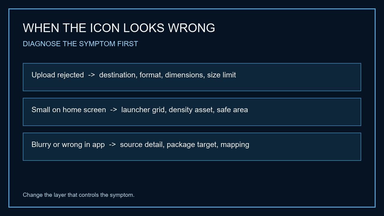 An upload rejection points to destination file rules, a small home-screen icon points to grid or density settings, and a cropped icon points to adaptive layers or safe area.