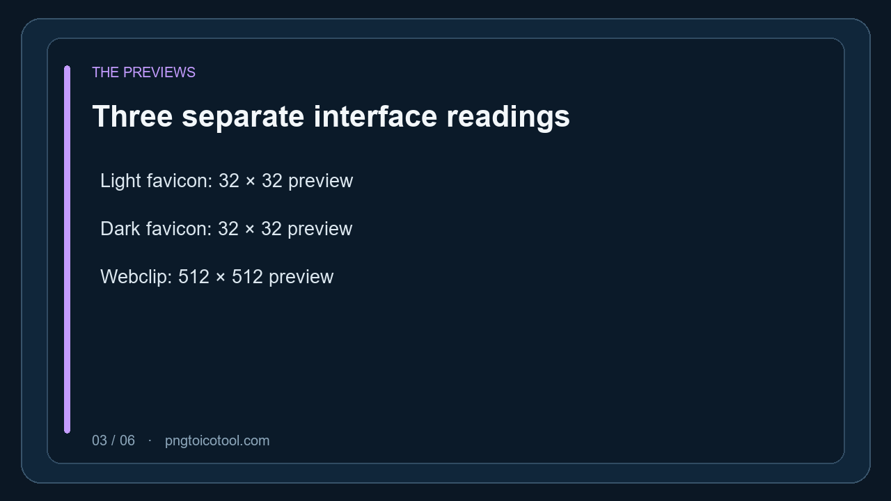 The settings interface showed light and dark favicon previews at 32 by 32 and a Webclip preview at 512 by 512.