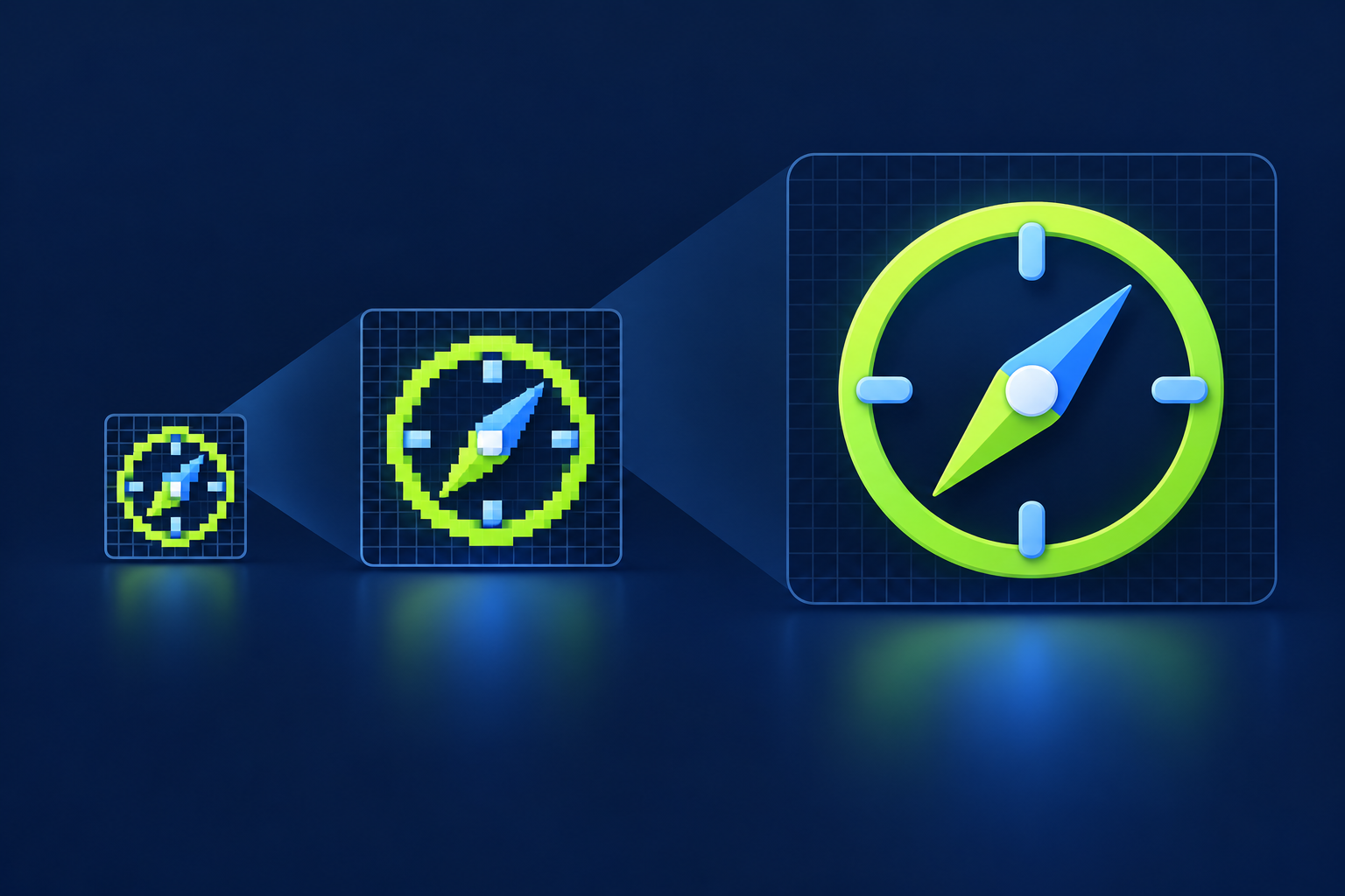 The same favicon mark previewed at three sizes to show how its clarity changes as it shrinks.