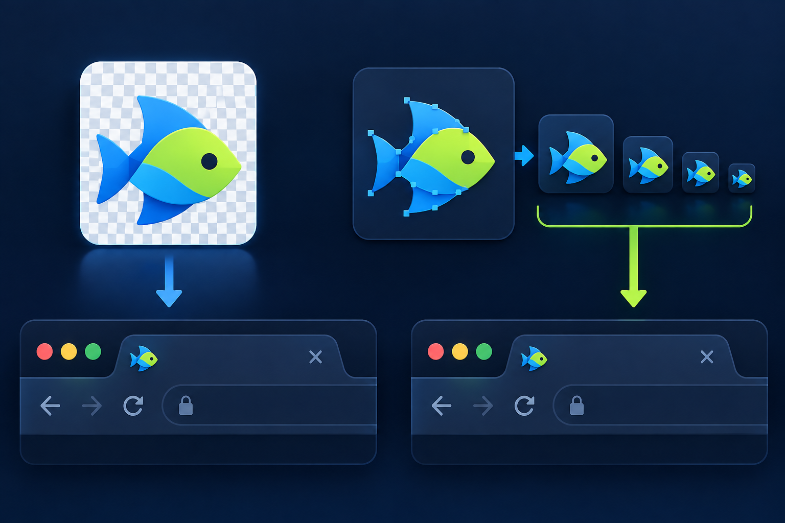 PNG and SVG-to-ICO export paths are compared in browser tabs to judge the favicon in its real context.